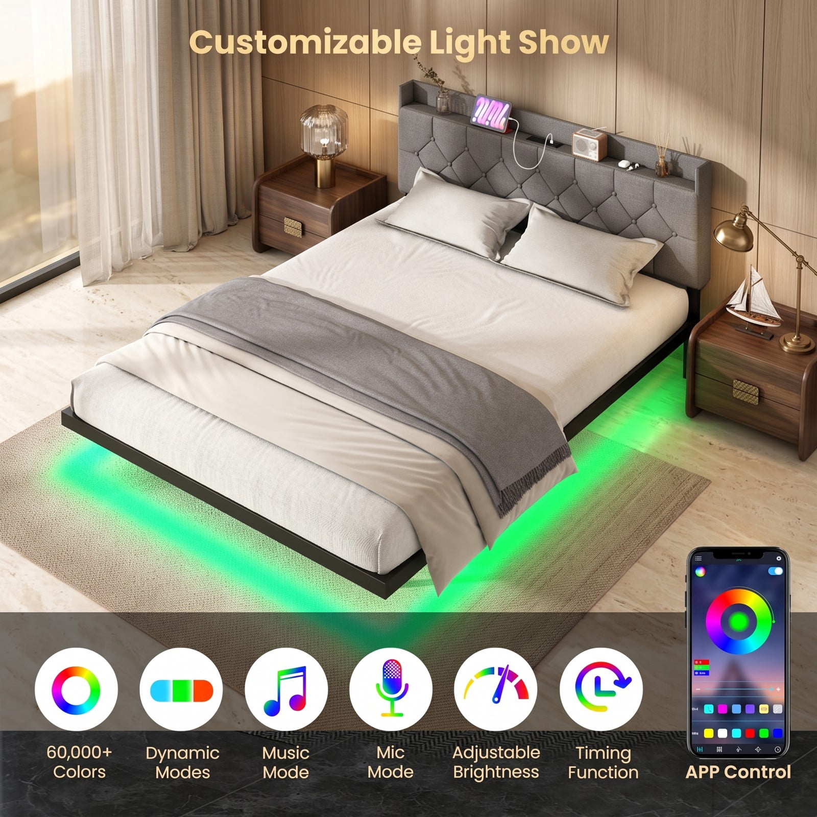 Furnibear Queen Size Bed Frame Upholstered Floating Platform Bed with LED Lights, Storage Headboard and Charging Station, Gray