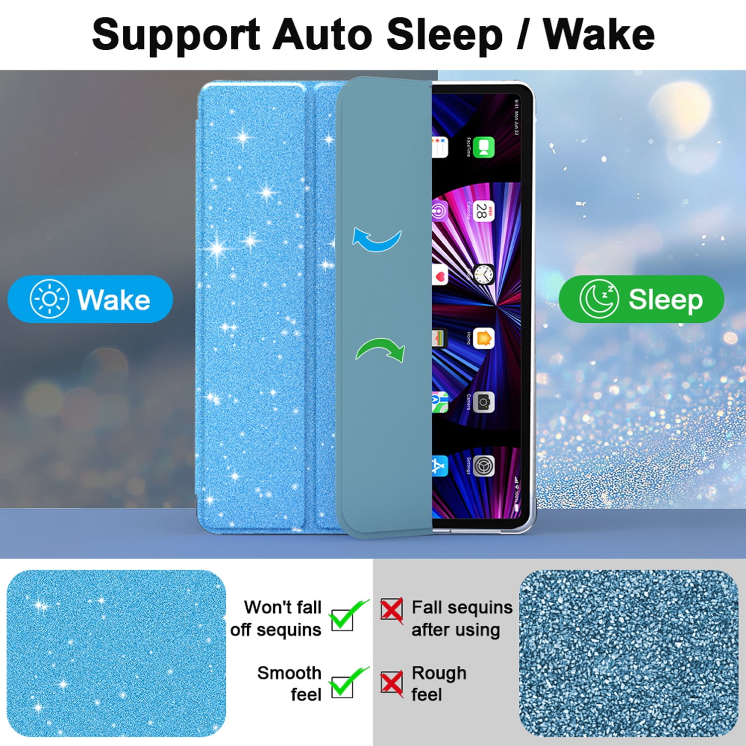 Decase Compatible with Apple iPad 10.2 inch 2021/2020/2019,Sparkle Cute Case,Glitter Cover with Sparkly Clear Back,Pencil Holder, Fits for iPad 7th/8th/9th Gen Case 10.2 inch for Kids Girls,Blue