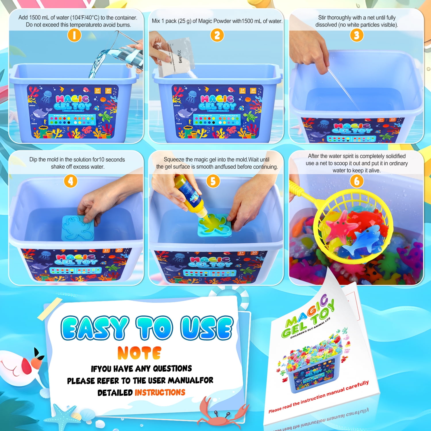 Beefunni Magic Fairy Water Elf Toy for Kids, Creative Water Gel Kit with 10 Color Magic Gels & 8 Molds, Kids Art Ceaft Set, Birthday Gift for Kids (Ocean)