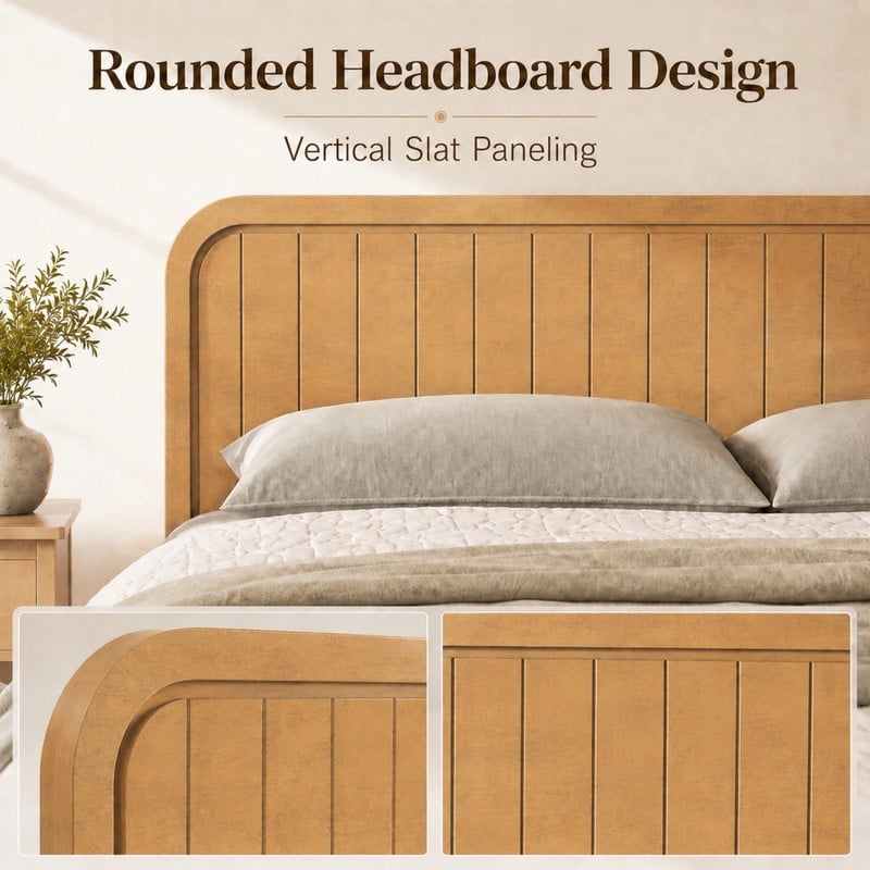 King Size Low Profile Bed Frame with Striped Headboard & Footboard, Wood Platform Bed with Slats Support & 7'' Under-Bed Space