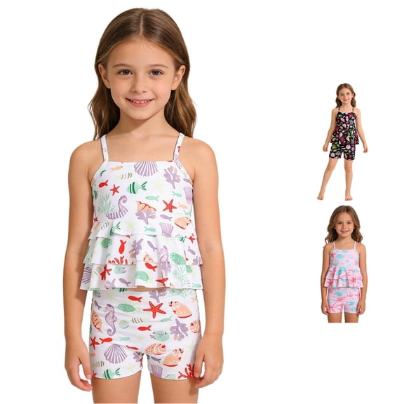 SGMVNU Girls Swimsuit Adjustable Spaghetti Straps Peplum Ruffle Tankini Swim Top with Cute Swim Boyshorts Beach Tankinis, Size 6-7 Years, White