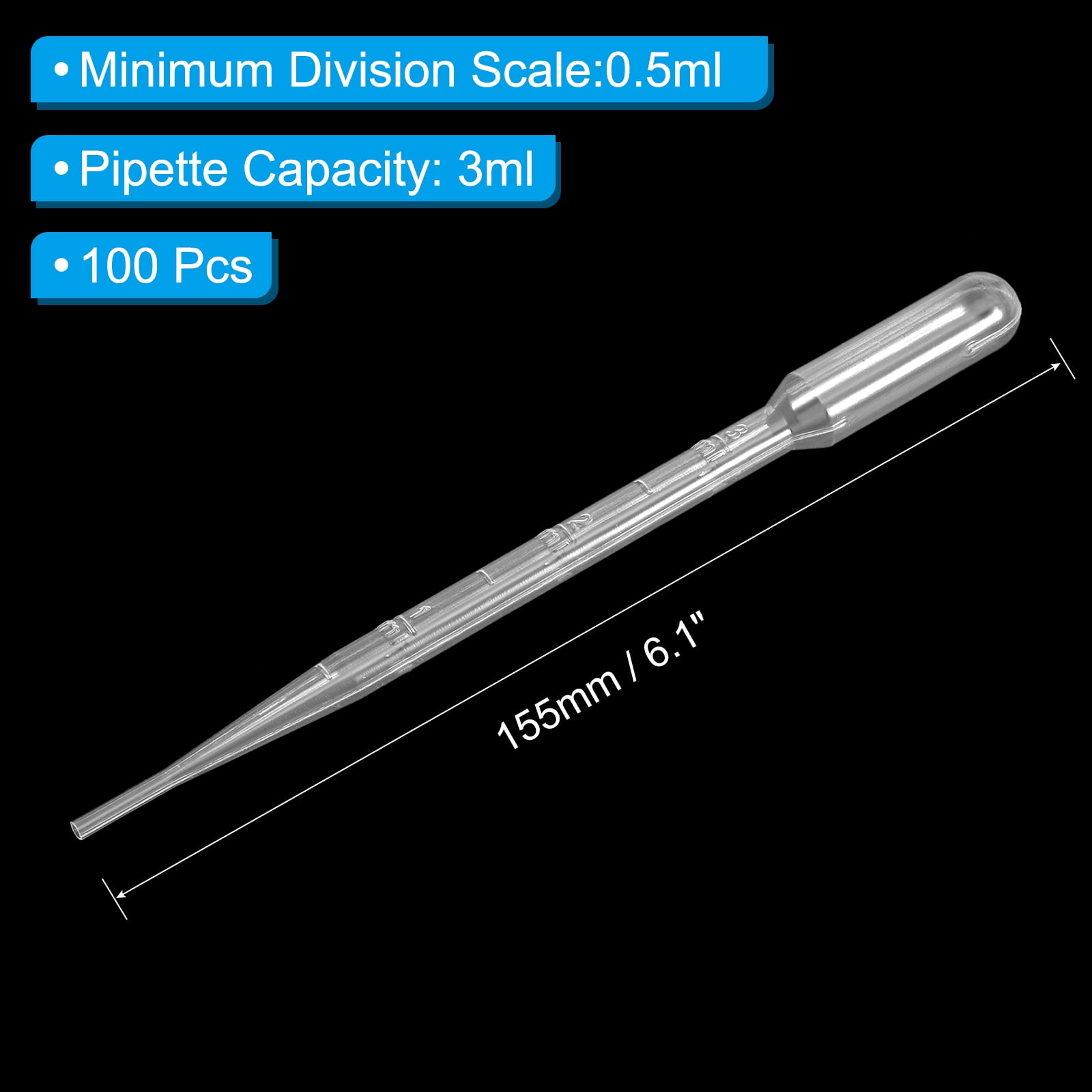 Uxcell Disposable Transfer Pipette, 100pcs 3ml LDPE Pipette Individually Wrapped for Transfer Liquid Clear
