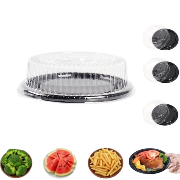 12in Disposable Catering Trays Stackable Round Trays Black Serving Tray with Clear Lid Round Cake Carrier Containers for Catering Picnic