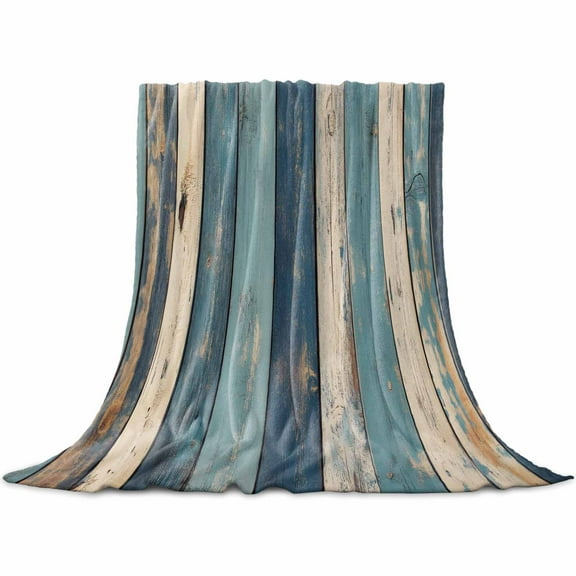 Teal Beige Stripe Flannel Blanket for Bed, Farmhouse Vintage Wooden Grain Soft Cozy Warm Couch Throw Blanket, Lightweight Fluffy Plush Bedding Blankets for Sofa Decor All Season 50"x60"