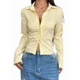 thumbnail image 2 of Camisa Corta A Rayas con Botones y Larga Ajustada para Mujer, Blusa de Trabajo Amarillo M, 2 of 10