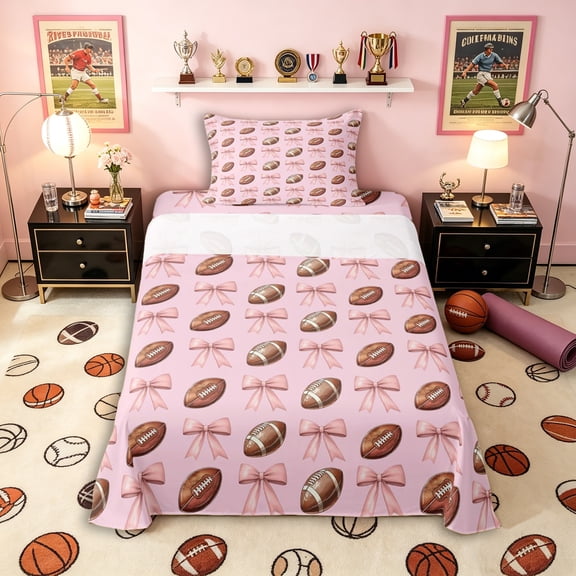 Erosebridal Teens Sport Football Twin Sheet Sets 3pcs,Kawaii Ribbon Bow Bedding for Boys Girls,Lightweight Room Decor