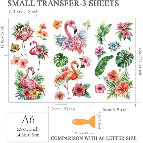 3pcs/Set Flamingo Rub on Transfers for Furniture and Crafts 6x12 Inch Tropical Flower Furniture Decals Transfer Stickers Rub on Decal with 1pc Scraper for Wood Furniture Home Decoration