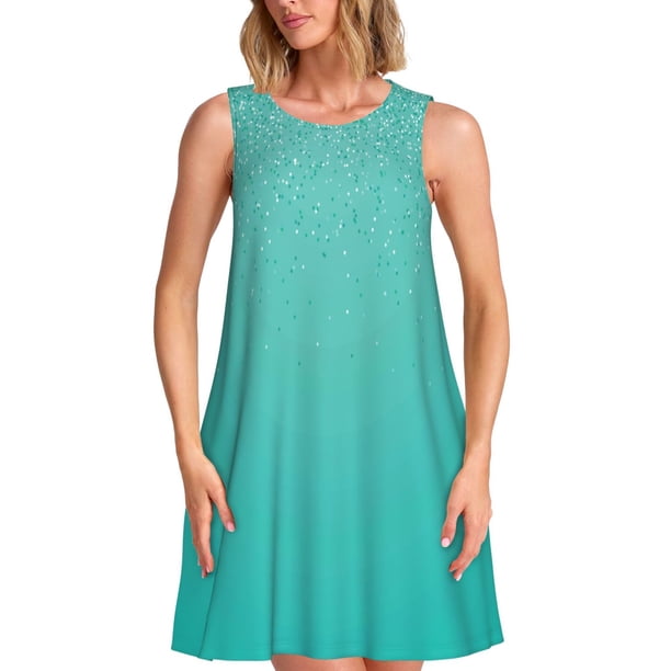 Fotbe Turquoise Glitter Vestido de Verano sin Mangas para Mujer – Vestido Midi Línea A, Estilo Camiseta Floral, Vestido Playero Casual y Fluido