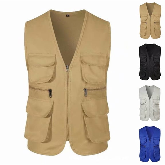 Men's Fishing Vest Zip Front Sleeveless Jacket Cargo Vest Jacket Multi Pockets for Summer Travel Outdoor Work Photo Cargo Black L by Awwp