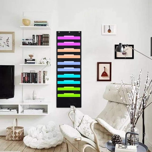 CoreLiving Hanging File Organizer Wall Mounted Pocket Chart, 10 Pocket Storage with 3 Over Door Hangers, Vertical Folder Organizer for Home Office File Folders and Mail Papers