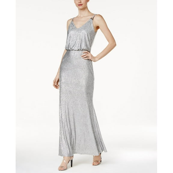 Calvin Klein Metallic Blouson Gown, Gray, Size 4