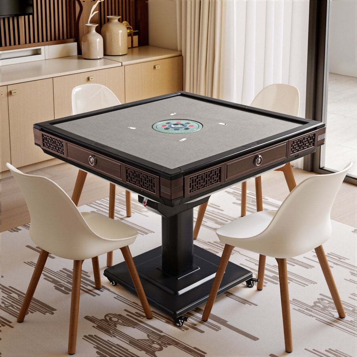 HomeMiYN Automatic Mahjong Table Foldable with Wheels,Roller Coaster Style Quiet Shuffling,with 42mm 152 Numbered Magnetic Tiles,for Domino Game,Suitable for Americans,Chinese,Filipinos,Brown