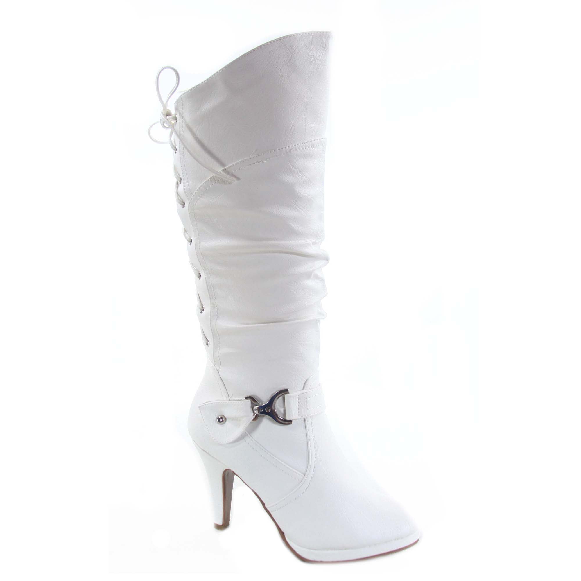 Top Moda Womens Page-65 Knee High Round Toe Lace-up Slouched High Heel Boots,  White,  