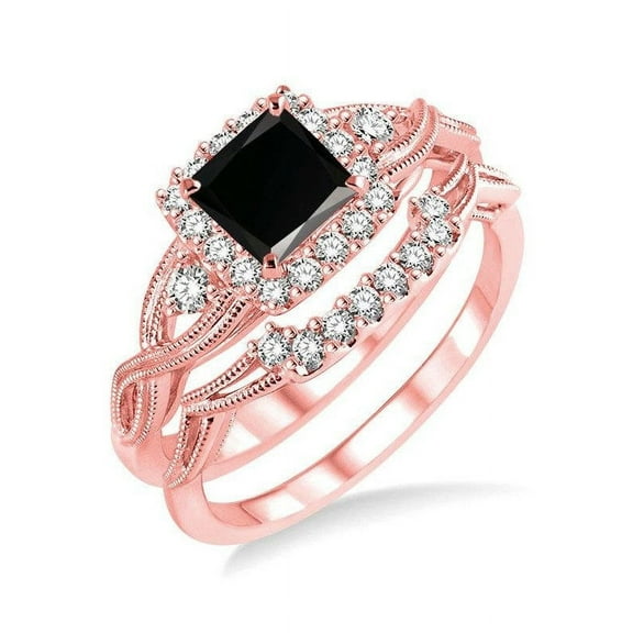 1.25 Carat Antique Design Princess cut Bridal Ring Set in 14k Rose Gold affordable sapphire and diamond engagement ring