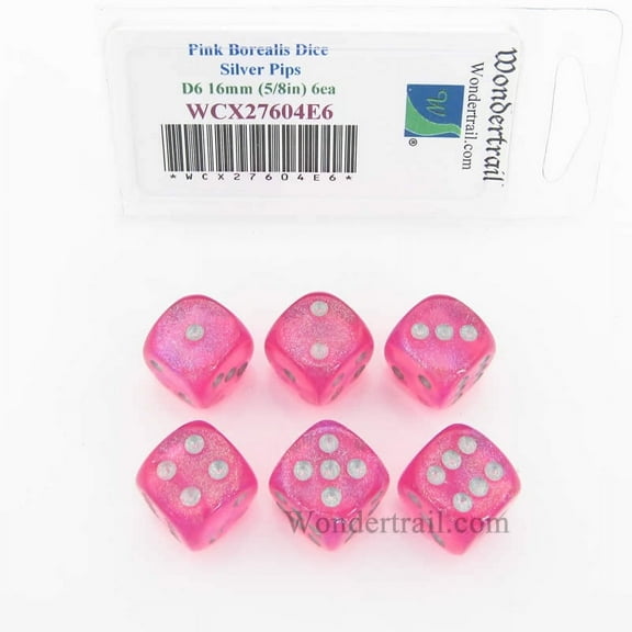 Pink Borealis Dice with Silver Pips 16mm (5/8in) D6 Set of 6 Wondertrail
