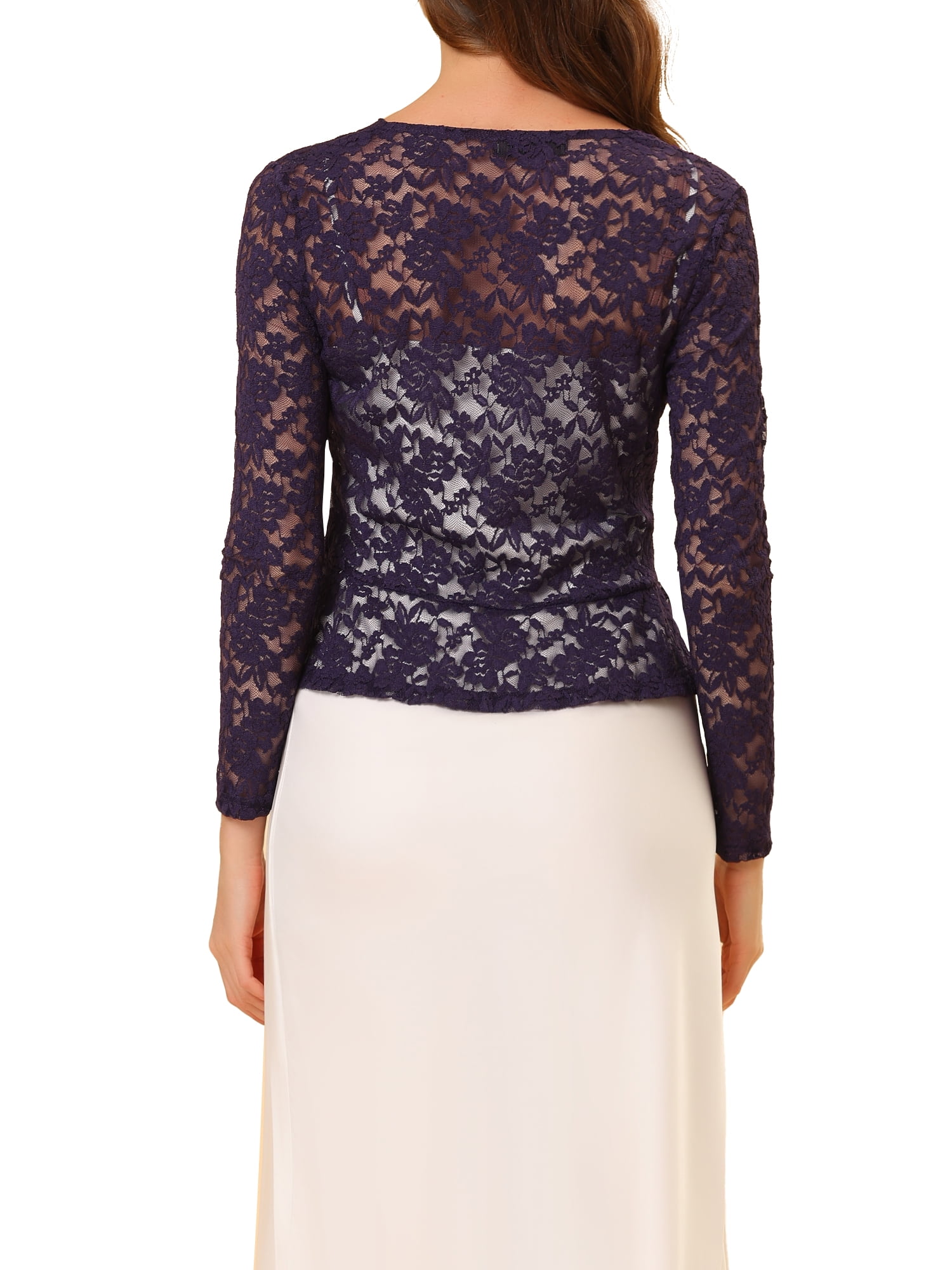 DARING DIVA Women's Ruffled Hem Floral Lace Crop Shrug Cardigan L Purple