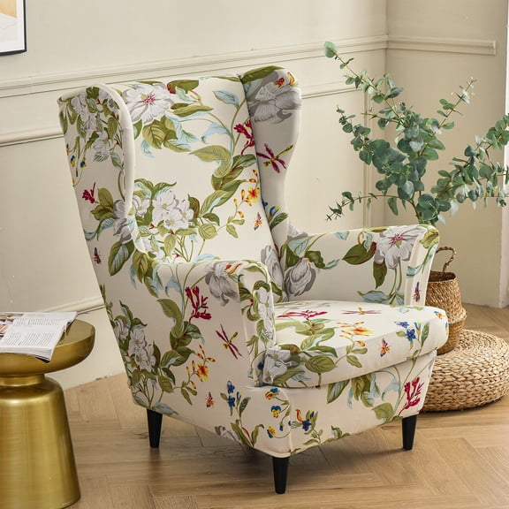 CJC Stretch Non-Slip Polyester Wing Chair Slipcover, Beige Floral