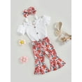 thumbnail image 3 of Bagilaanoe 3pcs Toddler Baby Girl Long Pants Set Short Sleeve Romper Tops + Flower Print Flare Trousers + Headband 6M 12M 18M 24M 3T Kids Casual Outfits, 3 of 9