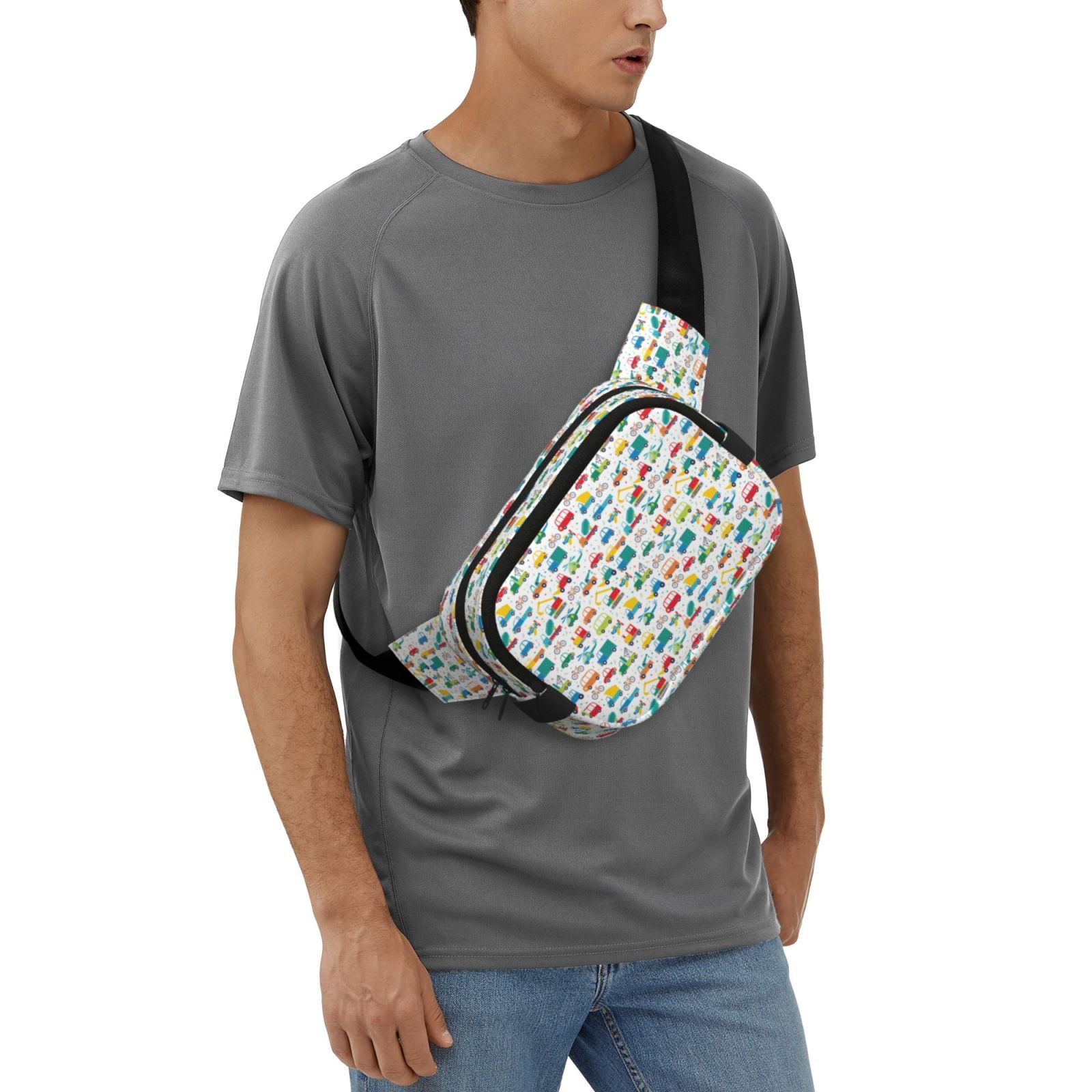 Picia Cute Transport Print Square Double-Layer Waist Bag Mini Adjustable Waist Belt Bag Exercise Running Travel Hiking