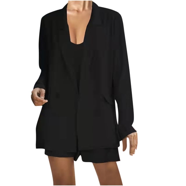 Traje de negocios para mujer Trajes de 2 piezas Abrigos con cuello vuelto de manga larga Tops Conjuntos de pantalones cortos sólidos Pompotops qwe22292