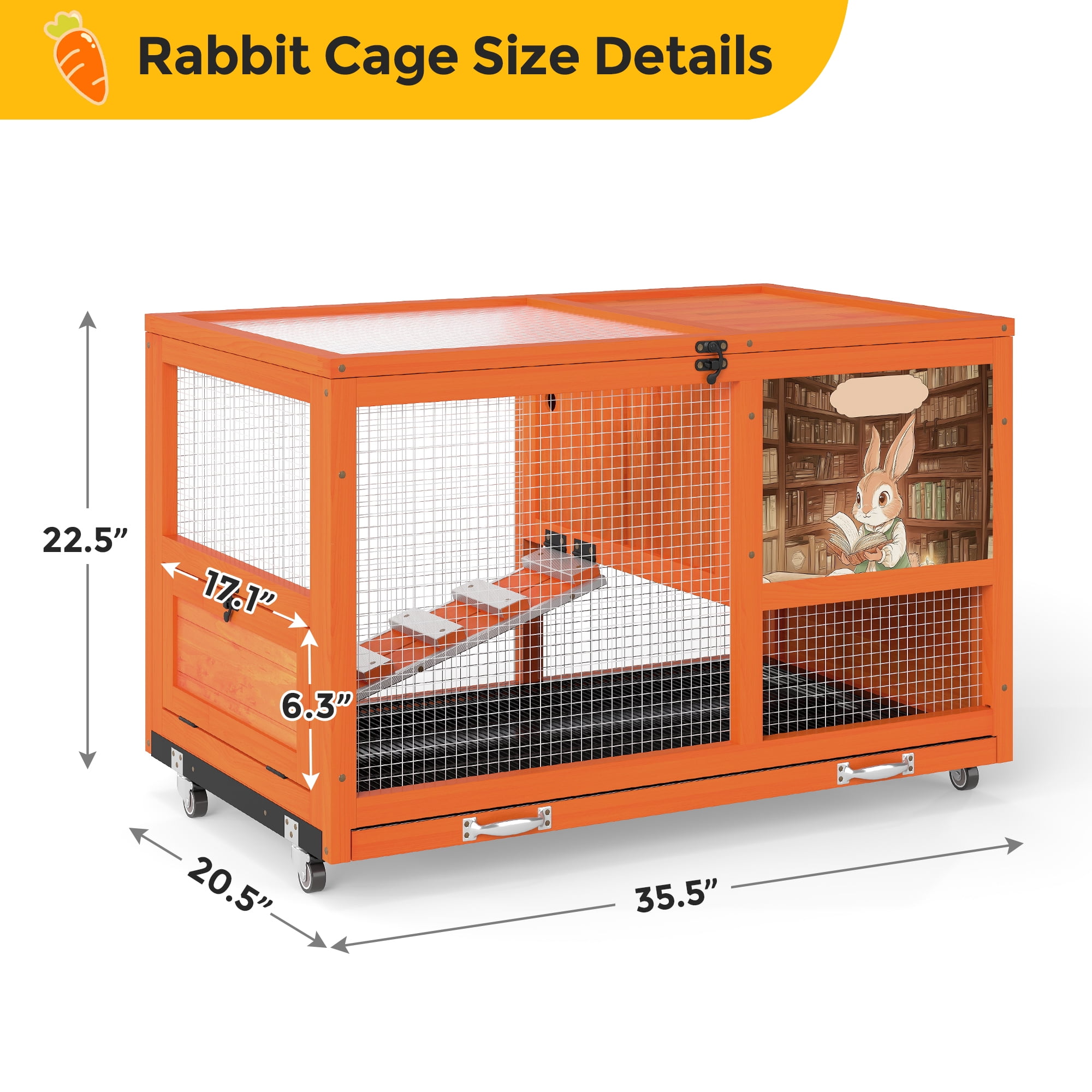 Fashion Wooden 36Inches Rabbit Hutch Outdoor with wheels Bunny Cage Indoor&Pull Out Tray, Openable Roof
