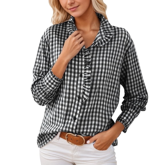 YANGXINX Women's Dressy Casual Tops 2026 Spring Summer Plaid Print Ruffle Collar Button Down Tunic Tops Elegant Trendy Clasic Fit Outfits Blouses