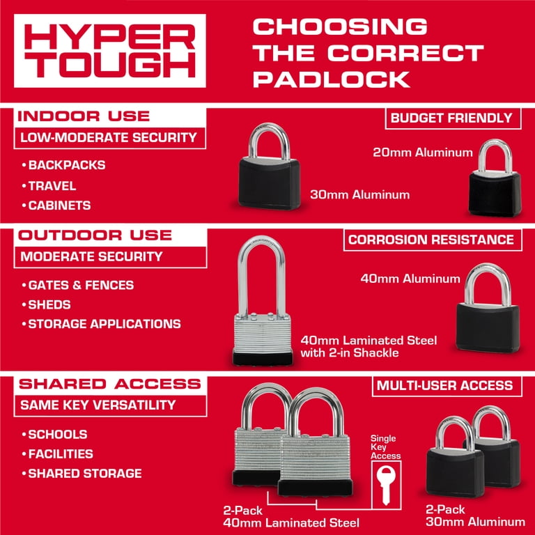 Hyper Tough Keyed Aluminum Padlock, 40mm, 1 1/2 inch Shackle