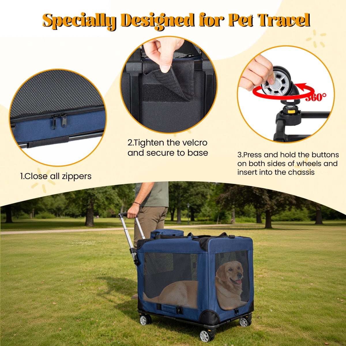 24" Collapsible Travel Dog Crate with Wheels, 3-Door Rolling Pet Carrier for Medium Large Dogs, Foldable Kennel with Mesh Windows (Dark Blue)