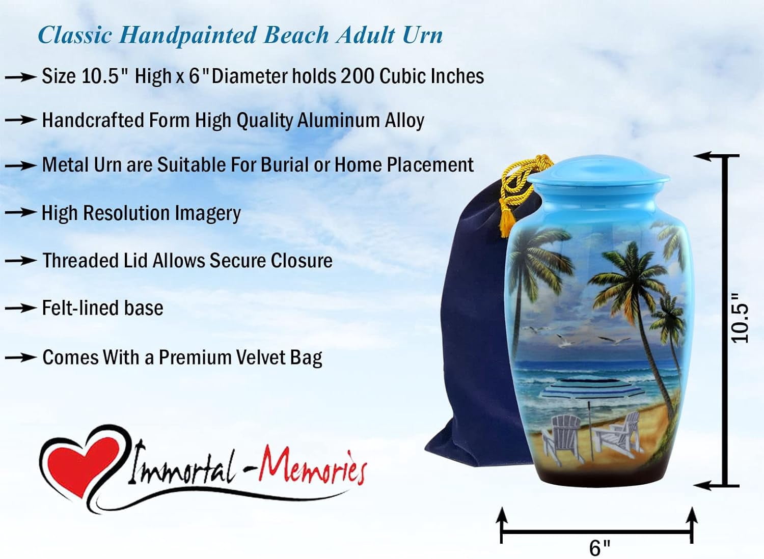 Paradise Beach Large Adult Cremation Urn for Ashes, Memorial Urn with Velvet Interior Bag