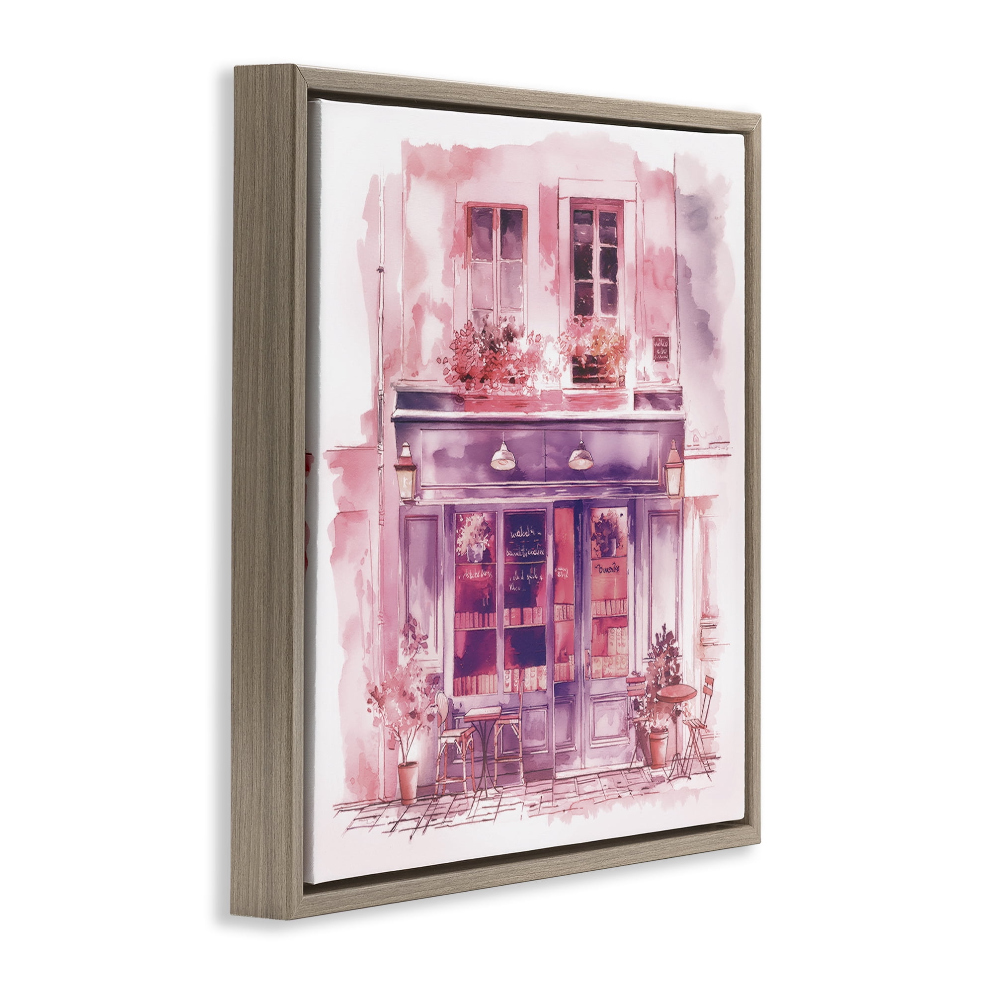 Stupell Industries Pink Bistro Café Buildings & Architecture Painting Brown Floater Framed Canvas Art Print Wall Art, 25 x 25