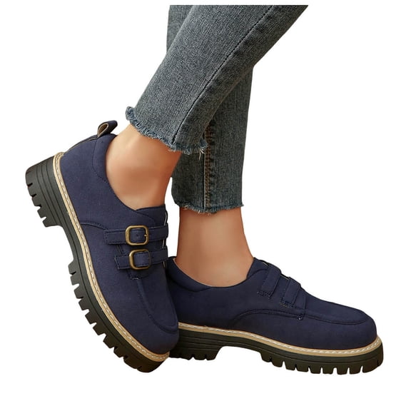 Rokment Womens Suede Buckles Platform Slip on Penny Loafers Walking Shoes 2026 Fashion Casual Chunky Heels Oxfords Dress Shoes Blue Size 6