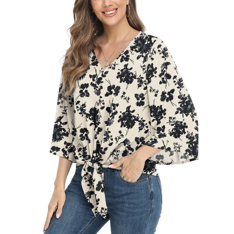 Women's V-neck knotted trumpet sleeve printed chiffon shirt Women's V-neck knotted trumpet sleeve printed chiffon shirt