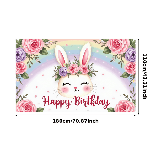 LUUFILx Adorable Bunny Themed Happy Birthday Banner with Floral Decorations and Rainbow Background