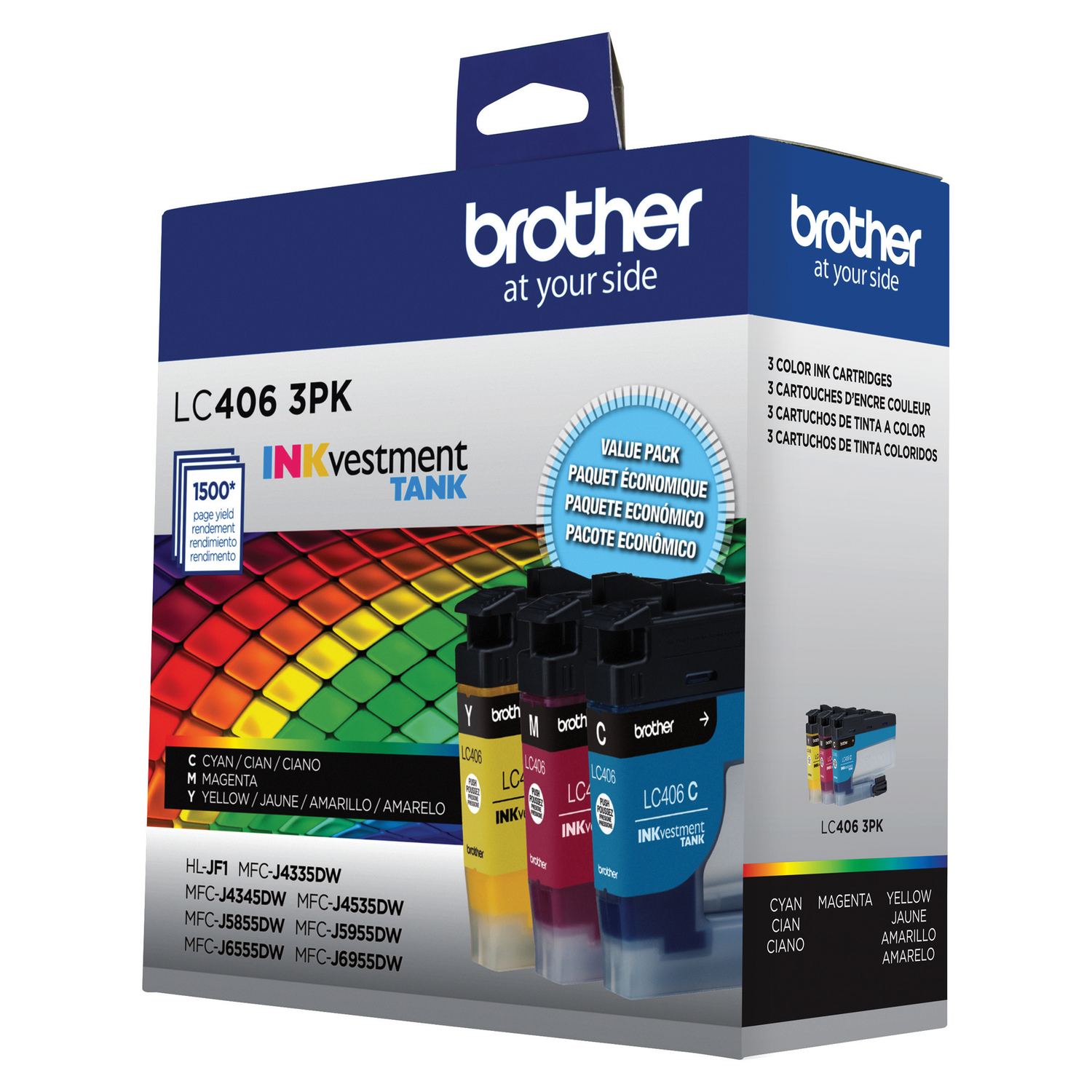 Brother Genuine LC406 3PK Standard Yield INKvestment Tank 3-Pack Ink Cartridges – includes 1 cartridge each of Cyan, Magenta & Yellow Ink
