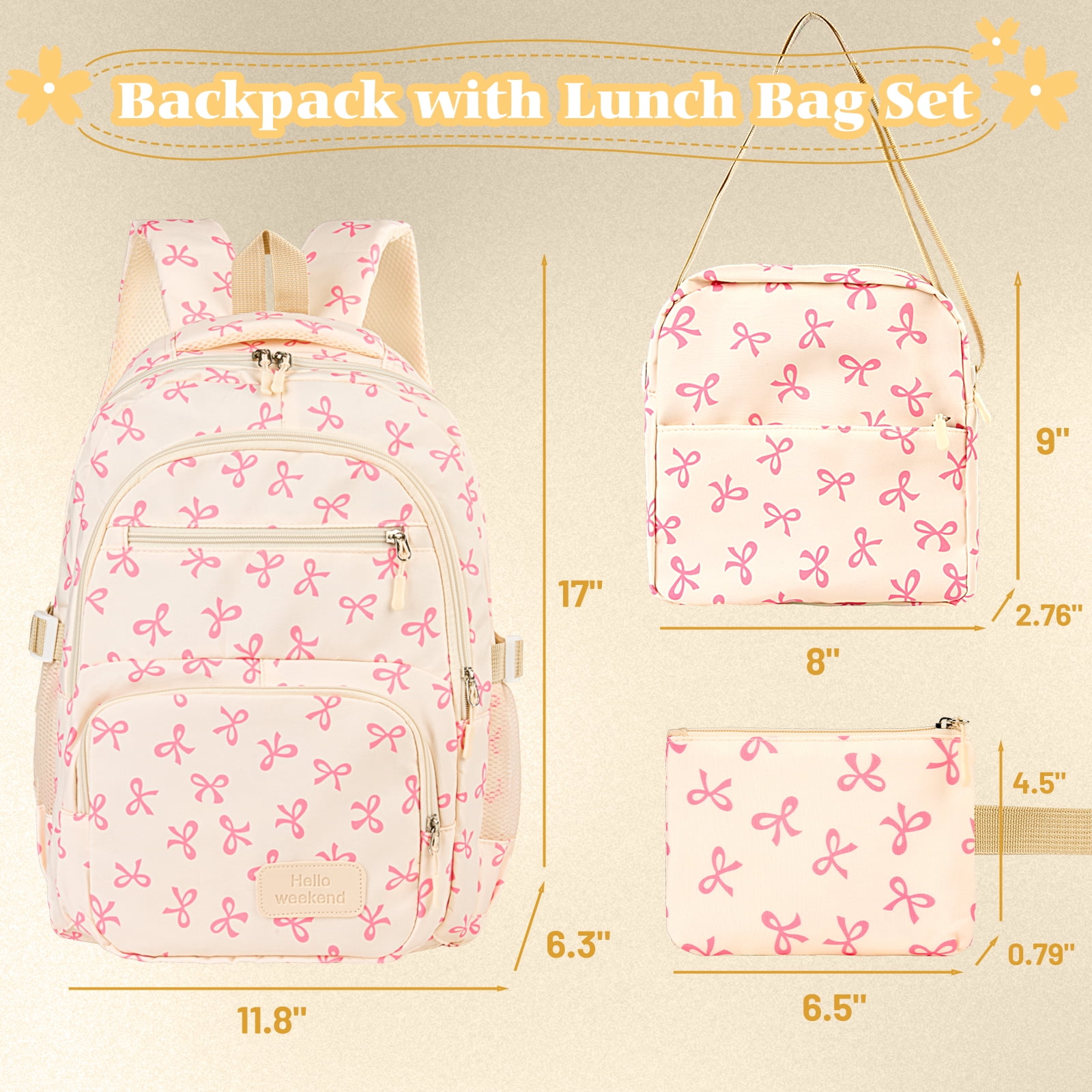 Dakimoe School Backpack Set with Cute Bow, Lightweight Bookbag - Pink, Perfect for Elementary & Middle School  Ages 4-12
