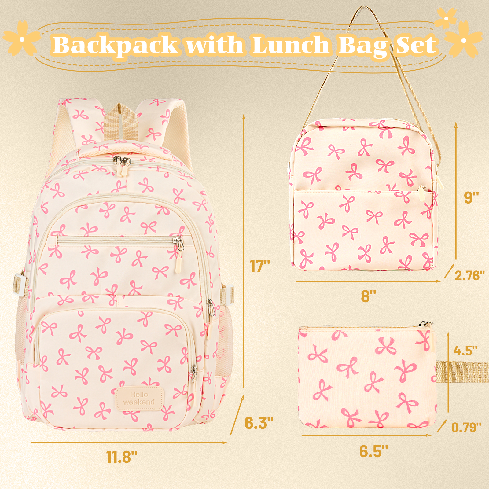 DAKIMOE Girls 3-Piece Backpack Set with Bow, Pink photo 2