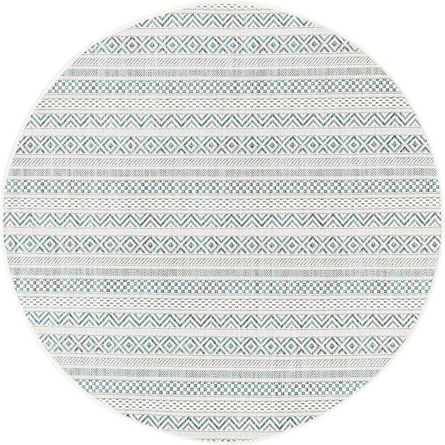 Unique Loom Outdoor Striped Geometric Rug 4' x 4' Round Teal/Ivory