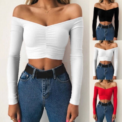 white off the shoulder crop top long sleeve
