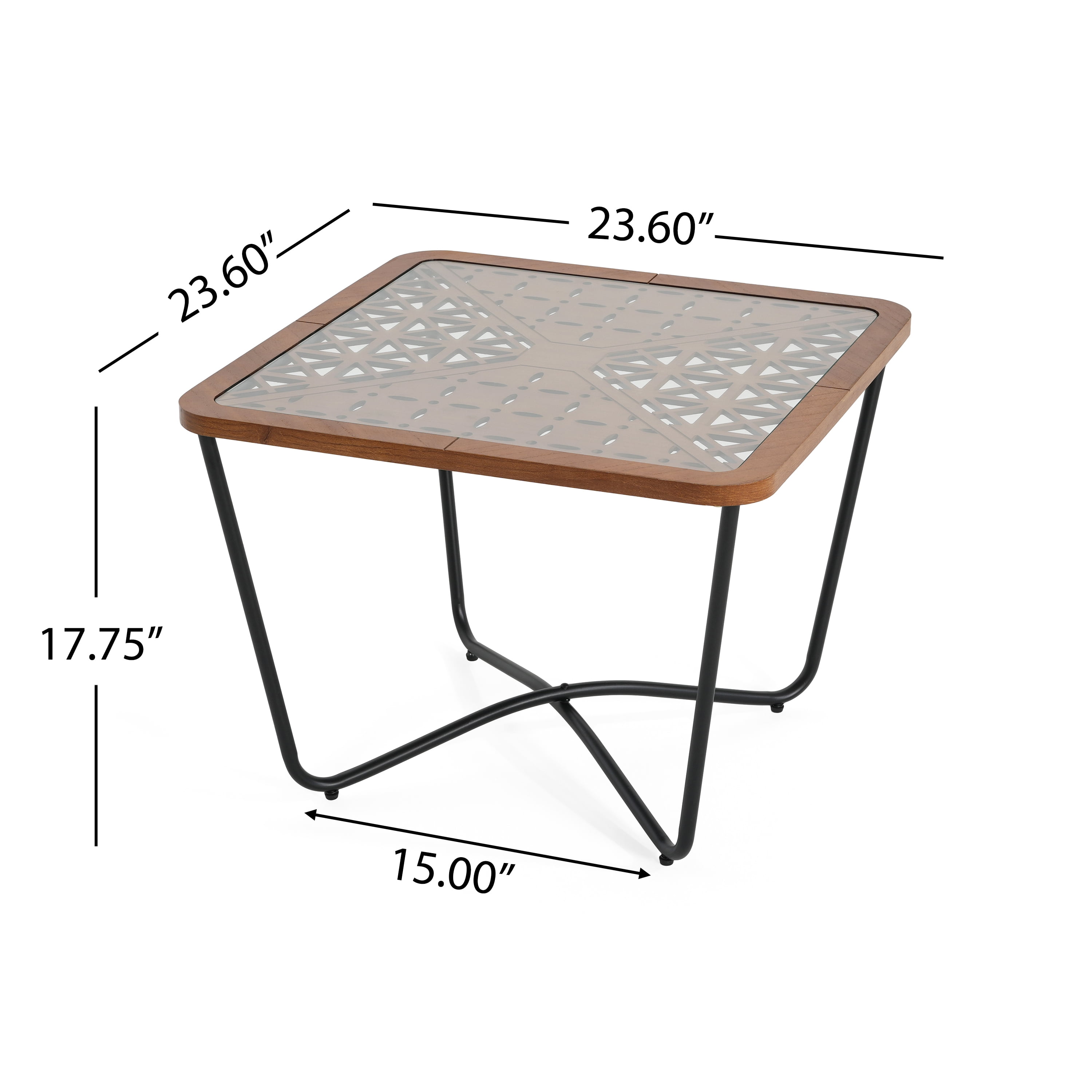Coffee Table, Modern Square Coffee Table With Geometric Tempered Glass Top Black Metal Frame And Wood Accents, Industrial Design For Living Room, Brown Black