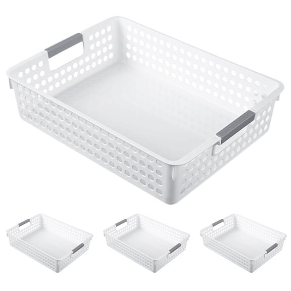 4 Pcs Double-sided Portable Four-sided Hollow Desktop Storage Basket for Kitchen Organizers Bathroom Shelf with Handles Baskets Hamper White Pp