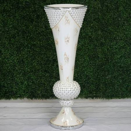 Extra Large White Floor Vase Efavormart 43” Large Peal Embellished White Trumpet Floor Flower Pot Vase With Mirror Mosaic Decoration ()