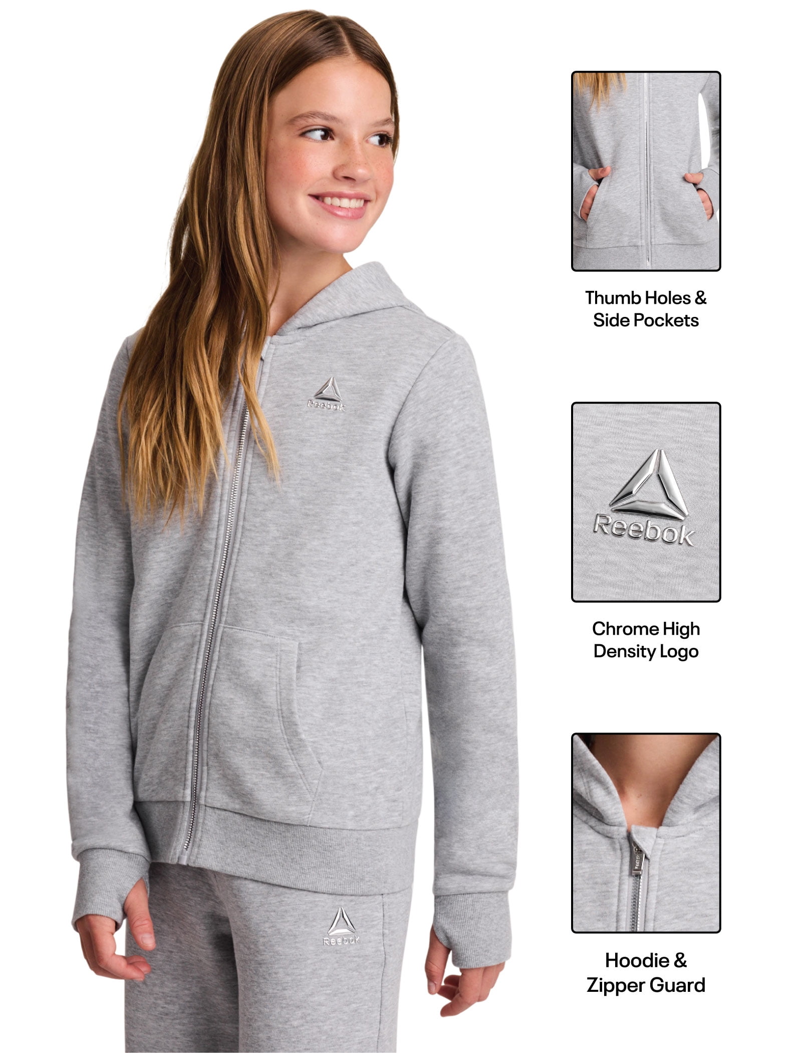 Reebok Girl’s Game Day Fleece Full Zip Hoodie, Sizes 4-18