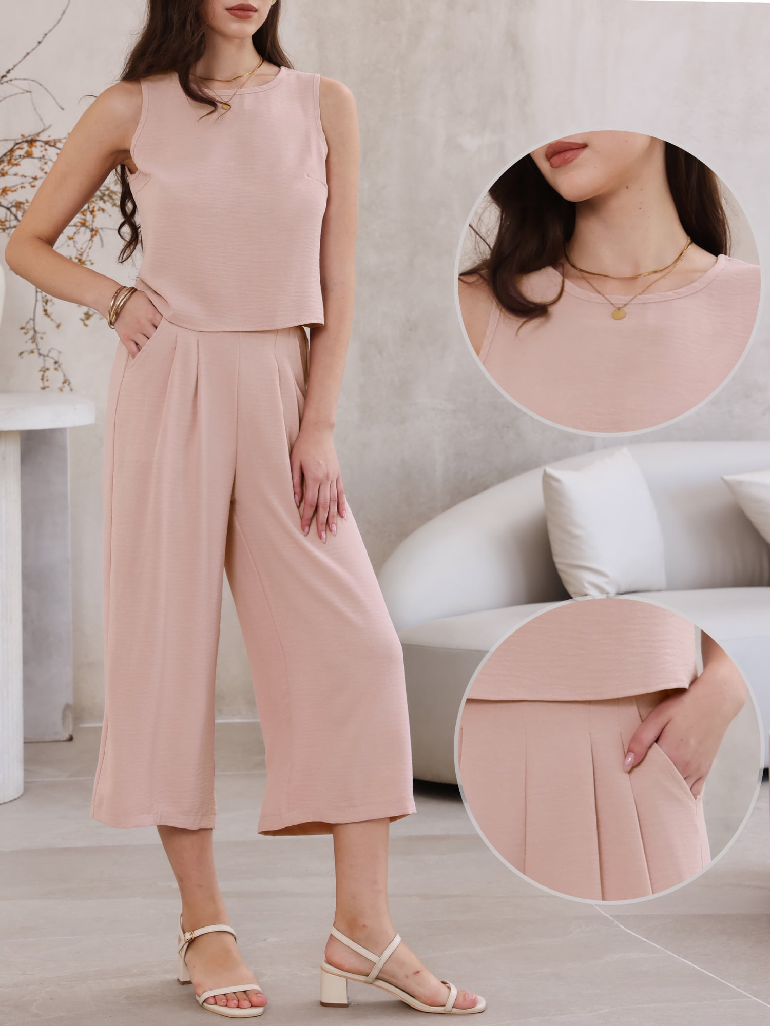 DARING DIVA Women's Suits 2 Piece Outfits Sleeveless Crop Top Wide Leg Pants XL Pink