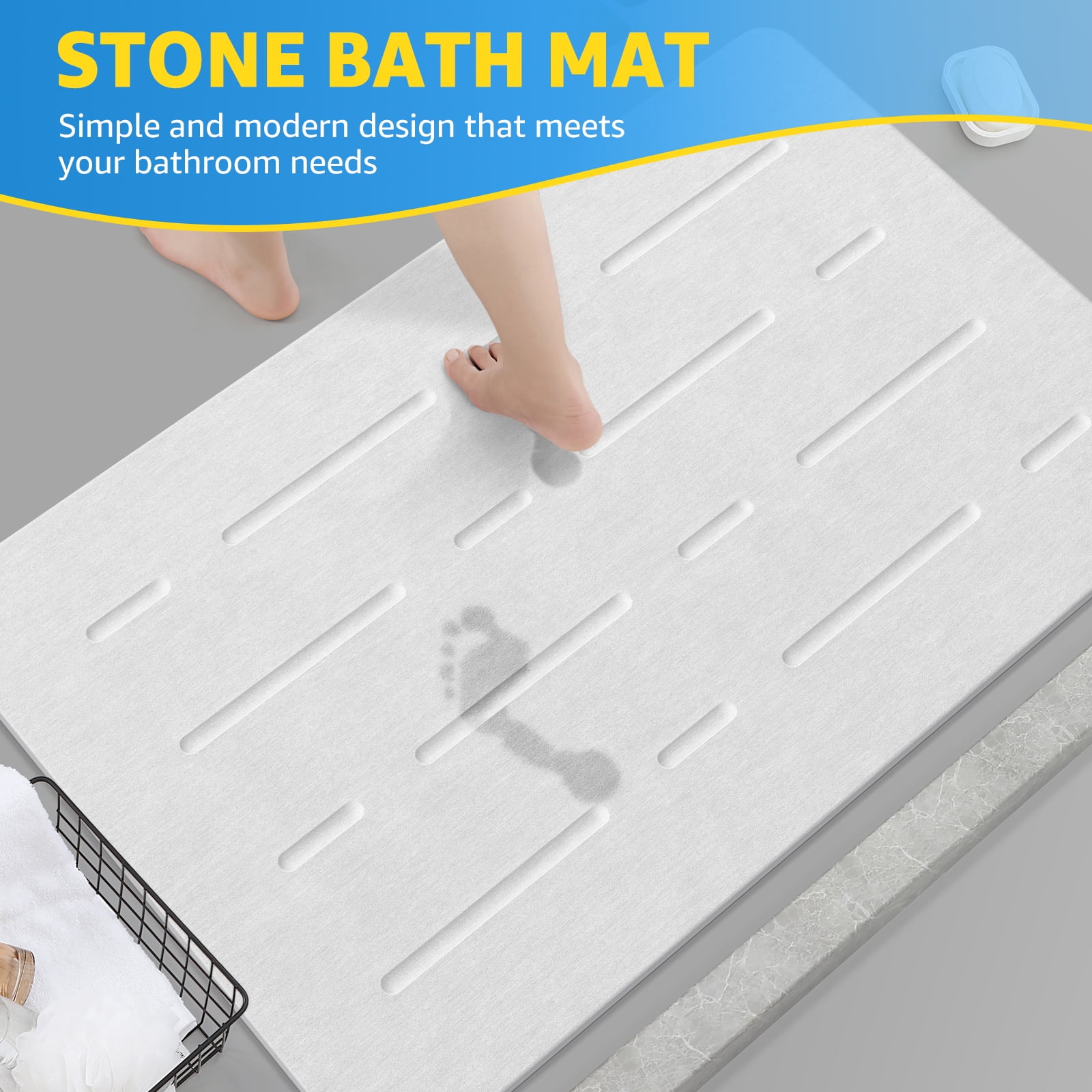 OTHWAY Large Stone Bath Mat, 32"x 20" Diatomaceous Earth Bath Mat for Bathroom, Quick Drying Long Bath Mat Stone Absorbing, Non-Slip Diatomite Hard Stone Shower Mat Instant Dry(White Grey)
