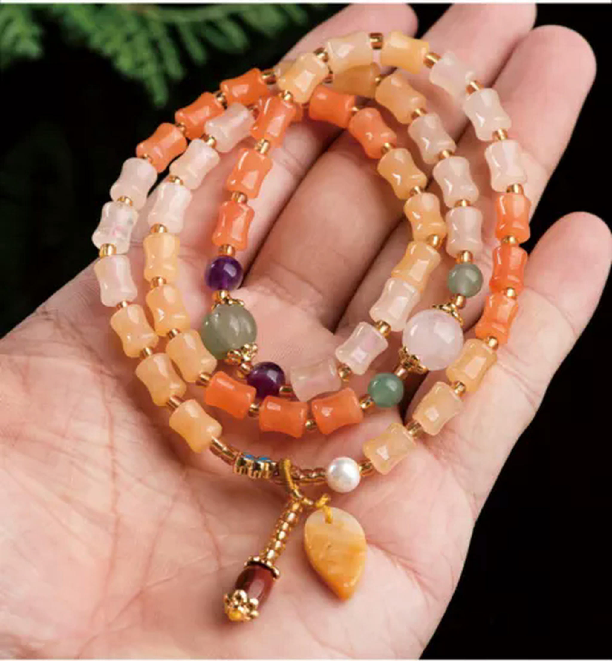 EOEMY Natural Jade Bangle Long Column Bead Link Women Lucky Gift Bracelet