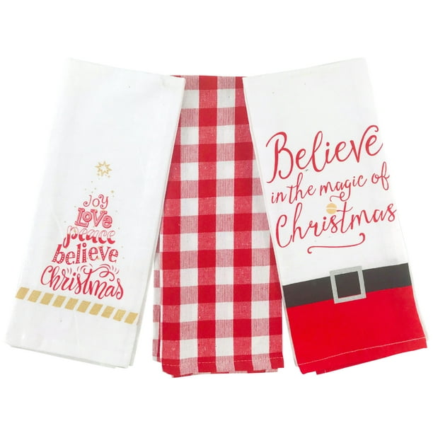 Holiday Christmas Decorative Kitchen Towels Set Flour Sack Joyful Words Christmas Tree Print Believe In The Magic Of Christmas One Plaid Red White Gingham Towel 3 Piece Walmart Com Walmart Com