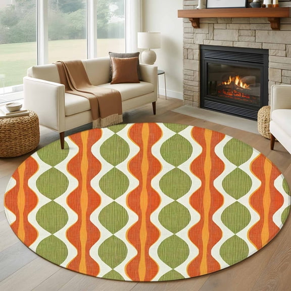 Orange Green Geometric Round Rug 5ft Washable Circle Kitchen Rugs Non Slip Abstract Moire Modern Vintage Large Area Rug Indoor Floor Carpet for Bedroom Living Room Home Office Dining Room Nursery