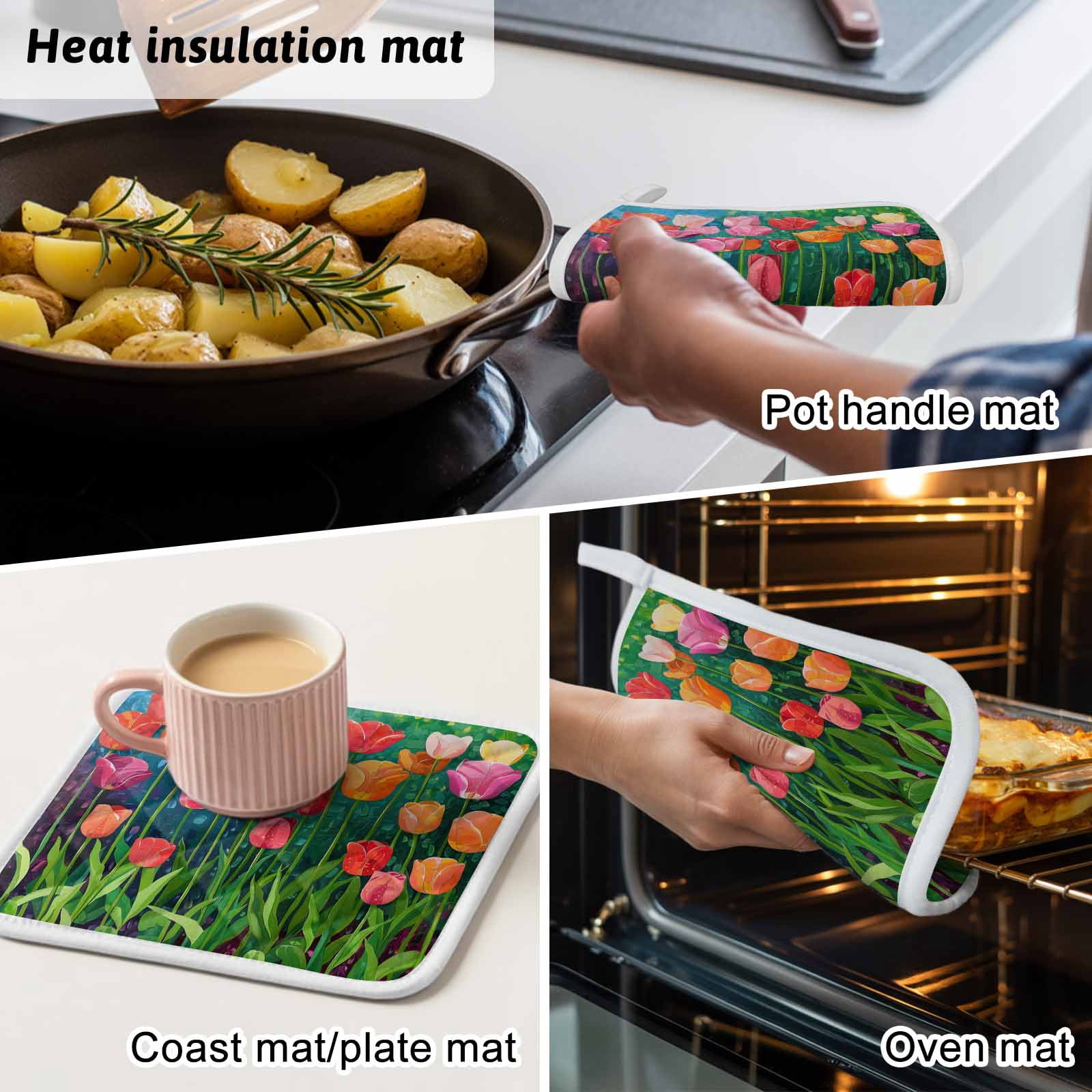 Colorful Spring Floral Pot Holders for Kitchen Heatproof Potholder, 3 Pack Summer Botanical Oil Painting Hot Pads Multipurpose Oven Pads Cloth Potholders Trivet for Cooking Baking