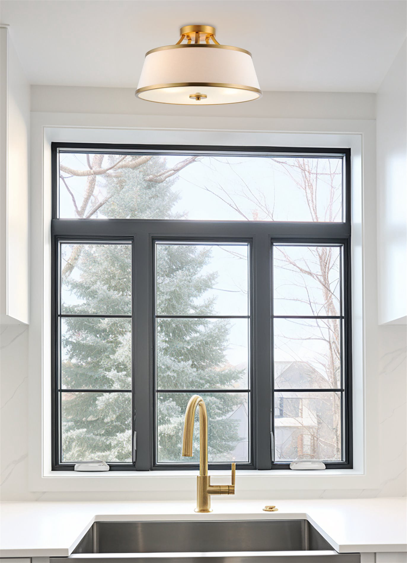 Kira Home Zoey 18" Modern Gold Semi Flush Mount with White Tapered Fabric Shade, 3-Light Ceiling Light, Warm Brass