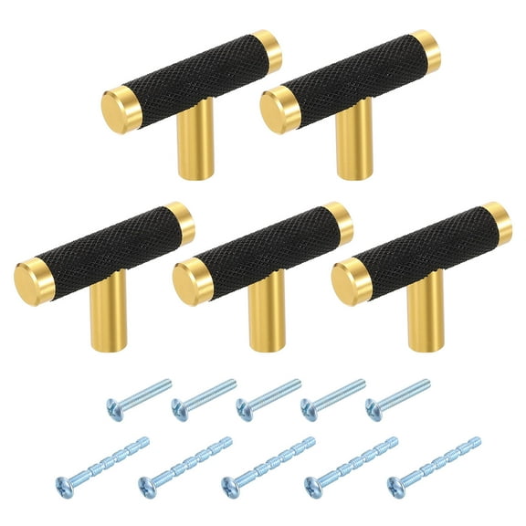 5Pack T Bar Cabinet Knobs, 2" Dia x 1.34" Height Drawer Knob Handle Pulls for Kitchen Cabinets Bedroom Dresser Wardrobe, Gold Black